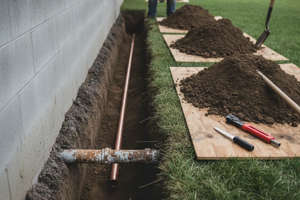 Excavated water line trench during Water Softener Installation in Berry